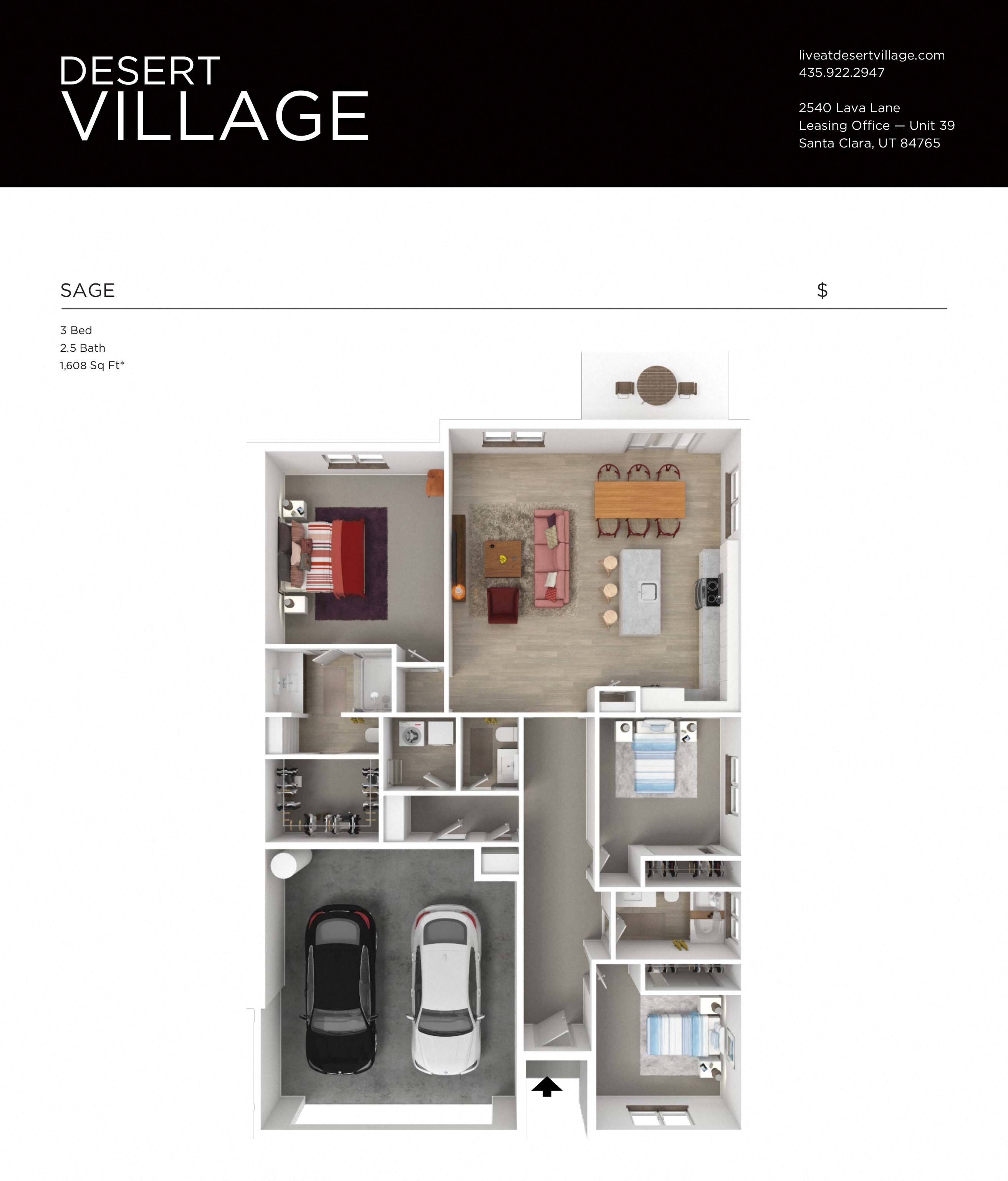 Floor plan for 3 beds, 2.5 baths, 1608 sqft